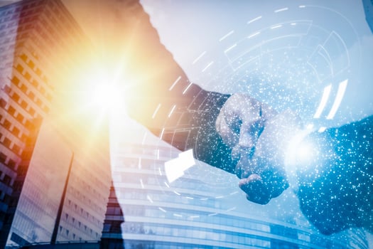 Business people shaking hands finishing meeting in office,Close up of handshake with digital pattern and map.Online business concept, marketing project,successful contract agreement to become teamwork photo