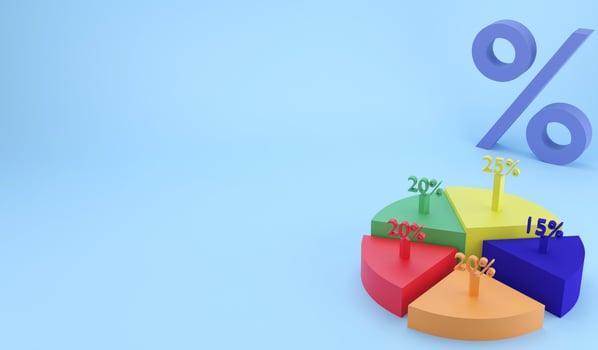 3D rendering piece of pie chart. 3D illustration percentage of piece of business planning concept on blue background photo