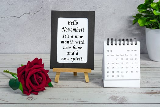 Motivational quotes on paper frame with November 2022 calendar. photo