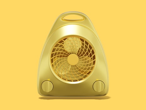 3d rendering. Golden fan heater on yellow background. Front view. photo