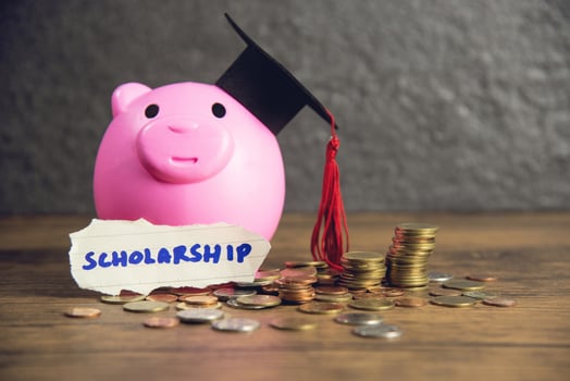 Education concept with money coin and graduation cap on pink piggy bank saving money for scholarships photo