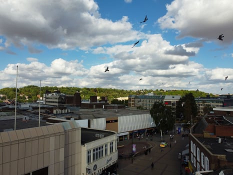 Luton City of England UK. Aerial View of Central City from Railway Station and Bedfordshire University Campus. The High Angle View was captured on 02nd August 2022 on a hot sunny day photo