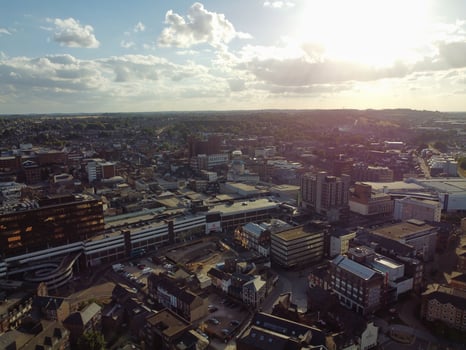 Luton City of England UK. Aerial View of Central City from Railway Station and Bedfordshire University Campus. The High Angle View was captured on 02nd August 2022 on a hot sunny day photo