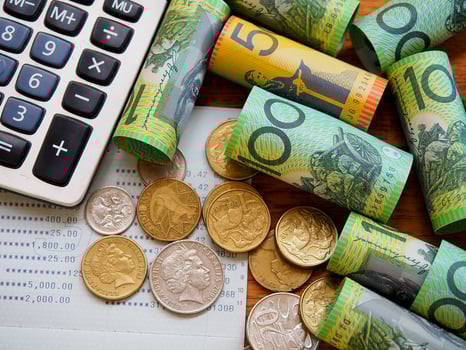 Australia bank note and coins for money and baking concept. photo