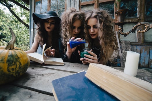 Three vintage witches perform magic ritual photo