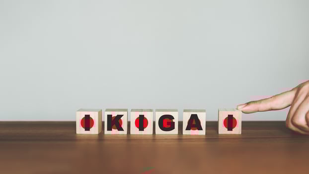 hand scrolling the word words to get the word IKIGAI on wooden cubes block. Japanese lifestyle concept. photo