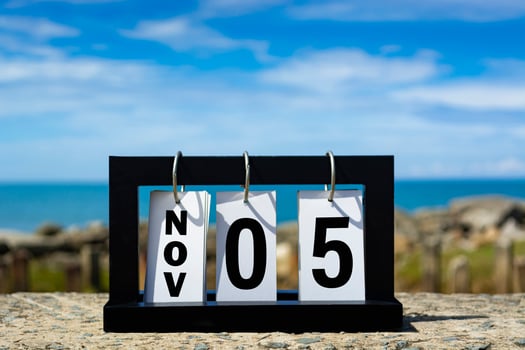 Nov 05 calendar date text on wooden frame with blurred background of ocean. photo