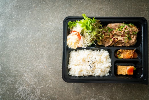 Japanese rice with pork yaki bento set photo