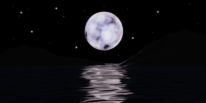 The super full moonlight with small stars and mountains on The dark night Ocean and reflection on water waves. The moon 3d rendering background illustration, Welcome to Halloween day. photo