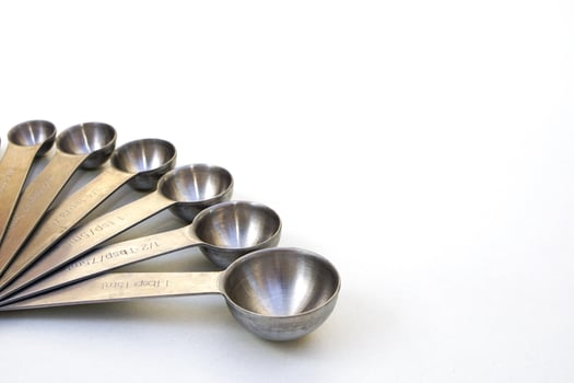 Top view kitchenware steel measuring spoons on white background. photo