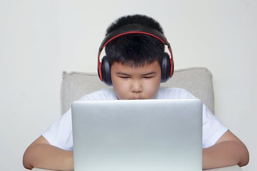 The boy sit on sofa is using laptop and wearing headphones. Education, learning and technology concept. photo