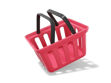 Plastic red flying basket isolated on white background . Empty shopping cart. 3D rendering. photo