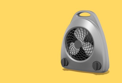 3d rendering. Realistic gray fan heater on yellow background with space for text. photo