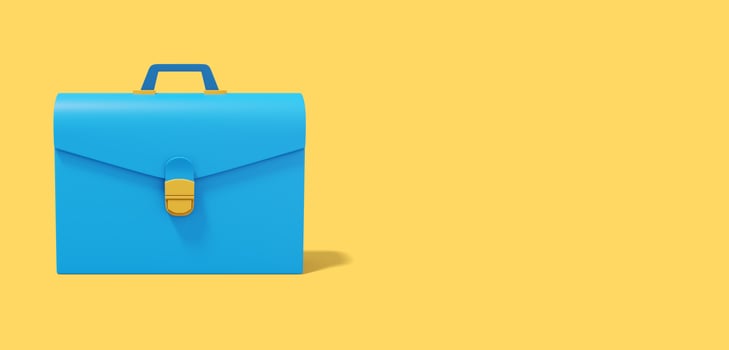 Blue briefcase on yellow background. Front view. Portfolio icon banner with space for text. 3D rendering. photo