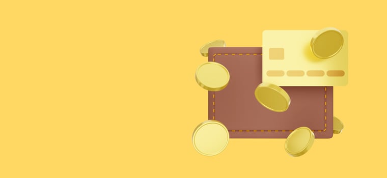 Savings, enrichment icon. Closed wallet with credit card, coins flying on yellow background, space for text banner. Payment concept. 3d rendering. photo