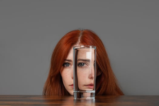 distorted face of woman looking through glass of water photo