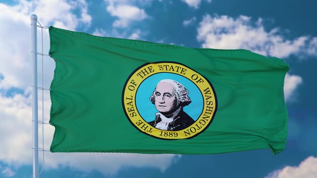 Washington state flag on a flagpole waving in the wind, blue sky background. 3d illustration photo