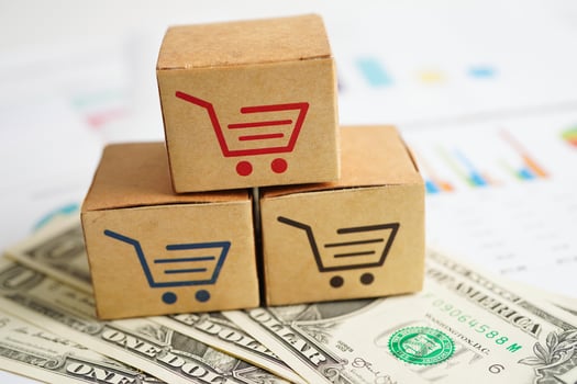 Online shopping, Shopping cart box with money, import export, finance commerce. photo