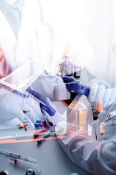 Medicine doctor and stethoscope touching icon medical network connection with modern interface on digital tablet in hospital background. Medical technology network concept photo