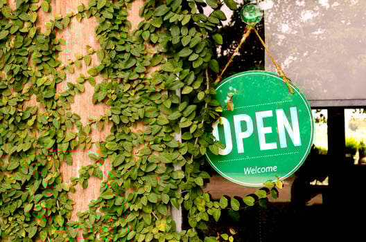 Hanging green sign with message OPEN on window with leaves ivy on wooden wall at coffee shop photo