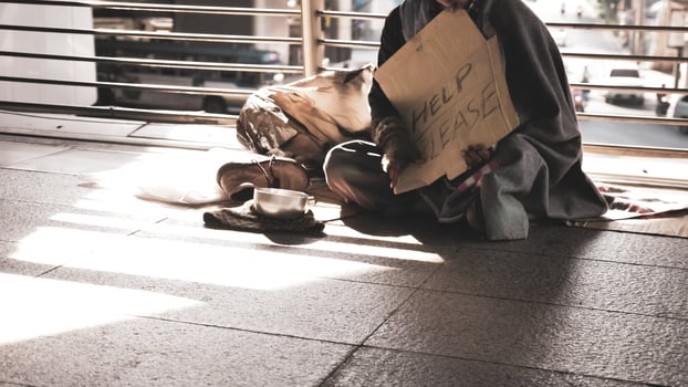 Homeless man sitting on outdoor floor. photo