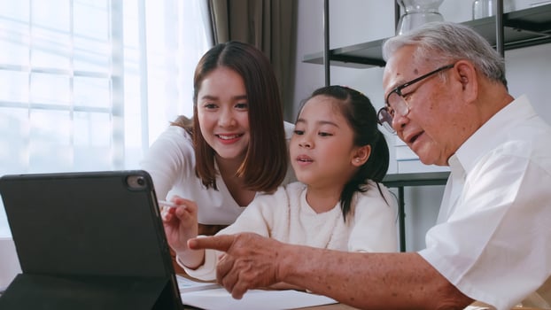 Grandfather and mother are teaching daughter homework while studying online at home. photo
