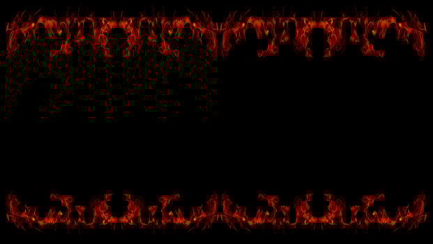 Dangerous hot inferno fire flames photo frame abstract fire squares on black background for design.