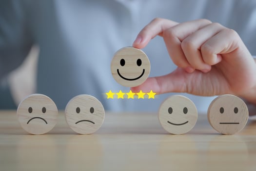 Feedback rating and positive service review. Customer experience, Mental health assessment, World mental health day, think positive, Emotion, satisfaction survey. Hand choosing happy face with 5 star. photo