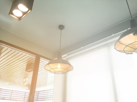 Traditional ceiling lamps hanging from the ceilling in vintage style decoration of the house in asian country, soft and selective focus. photo
