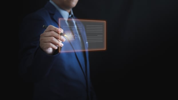 businessman signature on virtual documents, contract signing concept, business venture, international trading approval photo