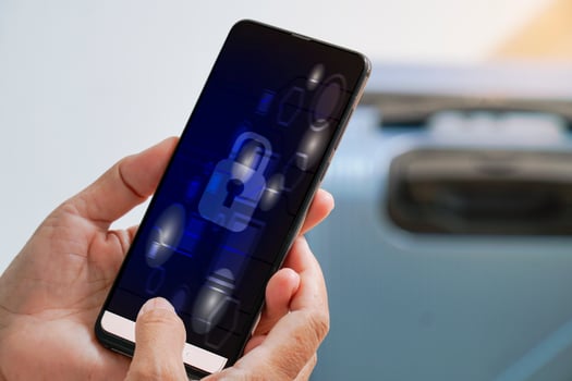 Woman using phone Access to search for information, security protection system. photo