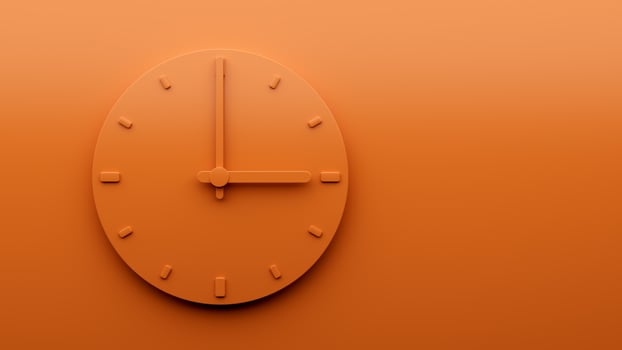 Minimal Orange clock 03 00 Three o'clock abstract Minimalist wall clock 15 00 or 3 00 3d Illustration photo