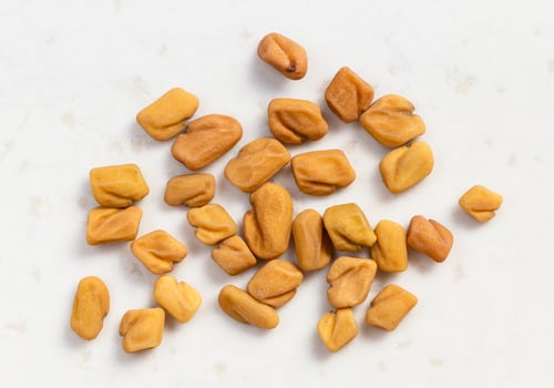 several whole fenugreek seeds close up on gray photo
