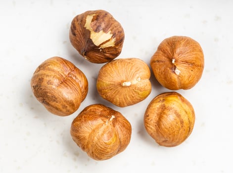several shelled hazelnuts close up on gray photo
