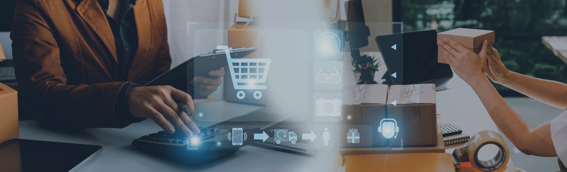 Startup small business entrepreneur or freelance Asian woman using a laptop with box, Young success Asian woman with her hand lift up, online marketing packaging box and delivery, SME concept. photo