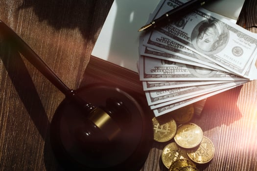 justice and law concept.Male judge in a courtroom on wooden table and Counselor or Male lawyer working in office. Legal law, advice and justice concept. photo