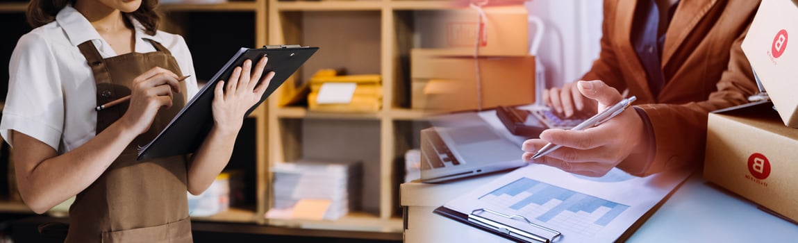Startup small business entrepreneur or freelance Asian woman using a laptop with box, Young success Asian woman with her hand lift up, online marketing packaging box and delivery, SME concept. photo