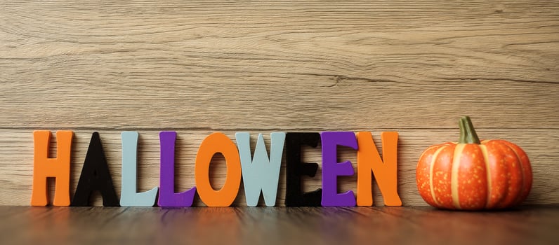 Happy Halloween day with ghost, pumpkin,  bowl and decorative. Trick or Threat, Hello October, fall autumn, Festive, party and holiday concept photo