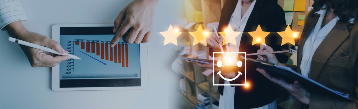 Customer evaluation feedback.men in suit Giving Positive Review for Client's Satisfaction Surveys.giving a five star rating. Service rating, satisfaction concept photo