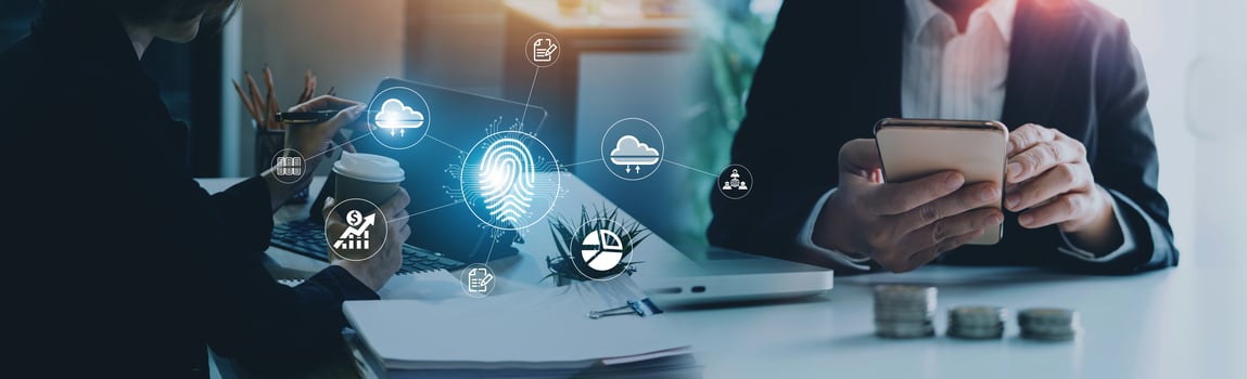 Online transactions, Businessman touching fingerprint scan provides security interface payment shopping banking and cloud computing network connection on virtual screen. photo