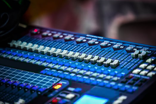 Professional audio mix sound control panel console Sound technician and lights equipment photo