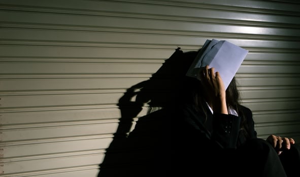 Woman depressed from sad stress pain despair problem, person get unpaid bill debt alone with emotion lonely desperate upset head down. Head in hand no way out concept, copy space photo