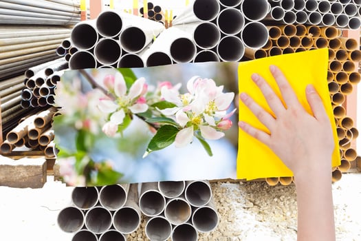 hand deletes industrial landscape by yellow cloth photo