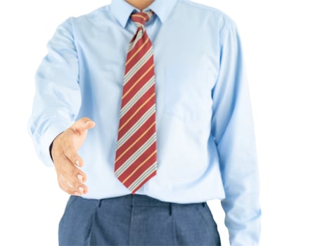 Male wearing blue shirt reaching hand out with clipping path photo