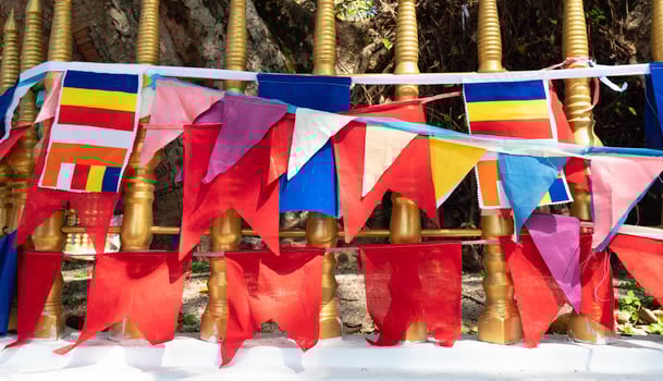 Waving colorful Buddhist Sri Lanlan Flag photo