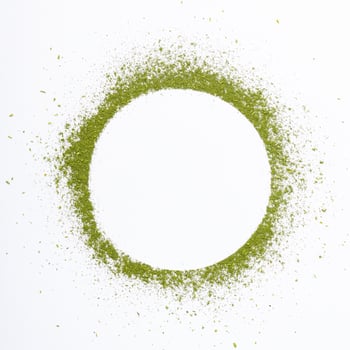Heap of matcha green tea powder isolated on white background creative flat lay, Organic product from the nature for healthy with traditional style photo