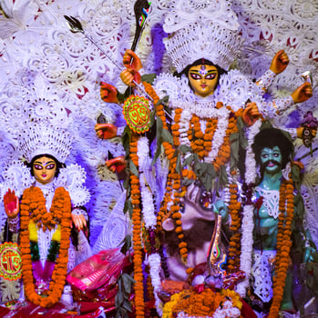 Goddess Durga with traditional look in close up view at a South Kolkata Durga Puja, Durga Puja Idol, A biggest Hindu Navratri festival in India photo