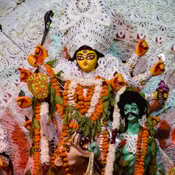 Goddess Durga with traditional look in close up view at a South Kolkata Durga Puja, Durga Puja Idol, A biggest Hindu Navratri festival in India photo