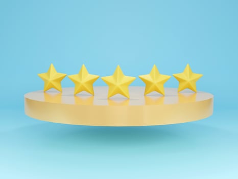 Five stars on podium with sky blue background. Ideal for product showcase or presentation. 3D rendering. photo