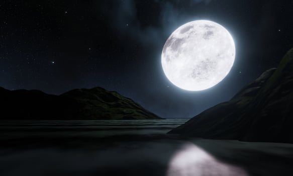 The full blue moon is reflected in the sea. The shadow or silhouette of the island in the ocean The sky has many stars. Ripples on the sea at night.3D Rendering photo